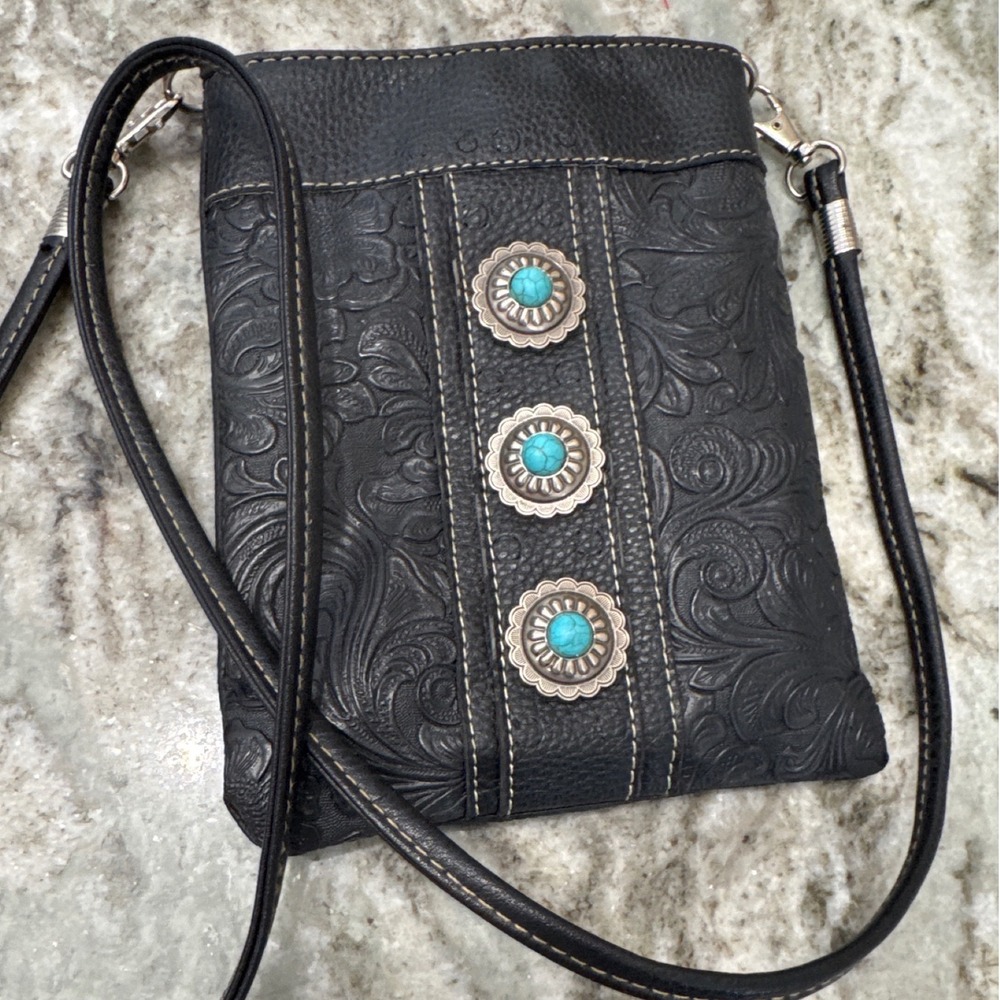 Faux leather crossbody bag pouch deep floral tooling 3 silver conchos turquoise